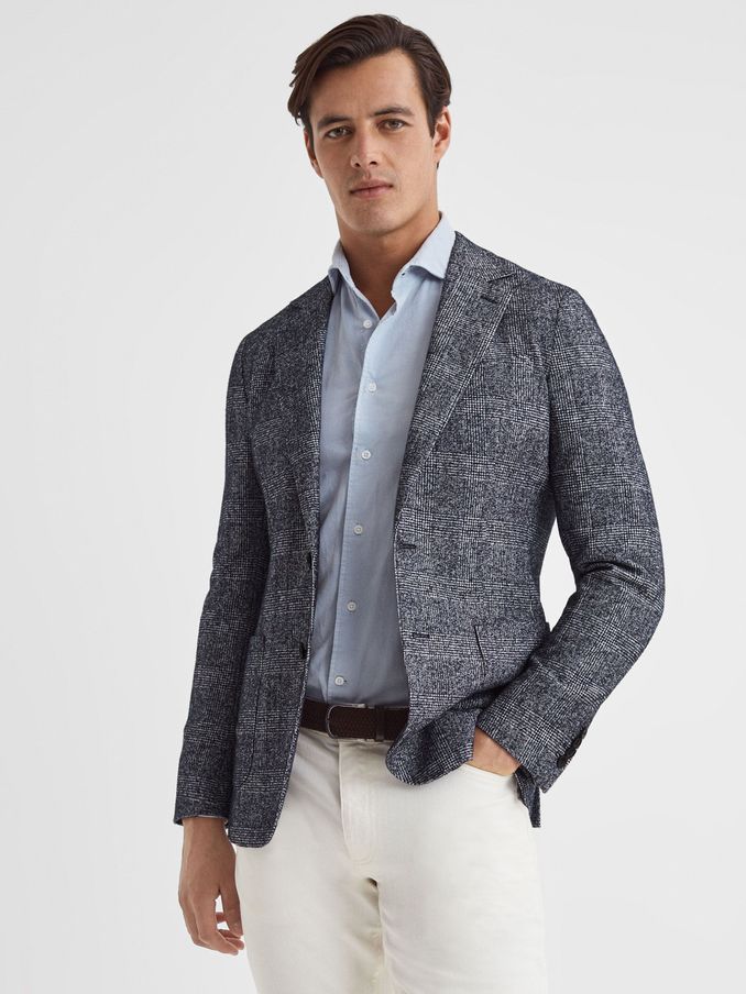 Slim Fit Single Breasted Check Blazer in Navy (502434) | US$196