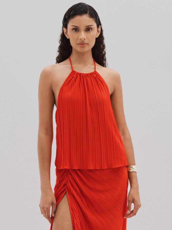 Good American Plisse Halter-Neck Beach Cover-Up Top in Red (504864) | US$72
