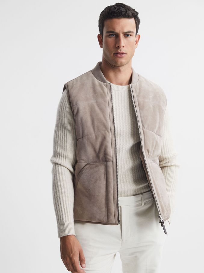 Suede Quilted Sleeveless Gilet in Taupe (508453) | CA$255