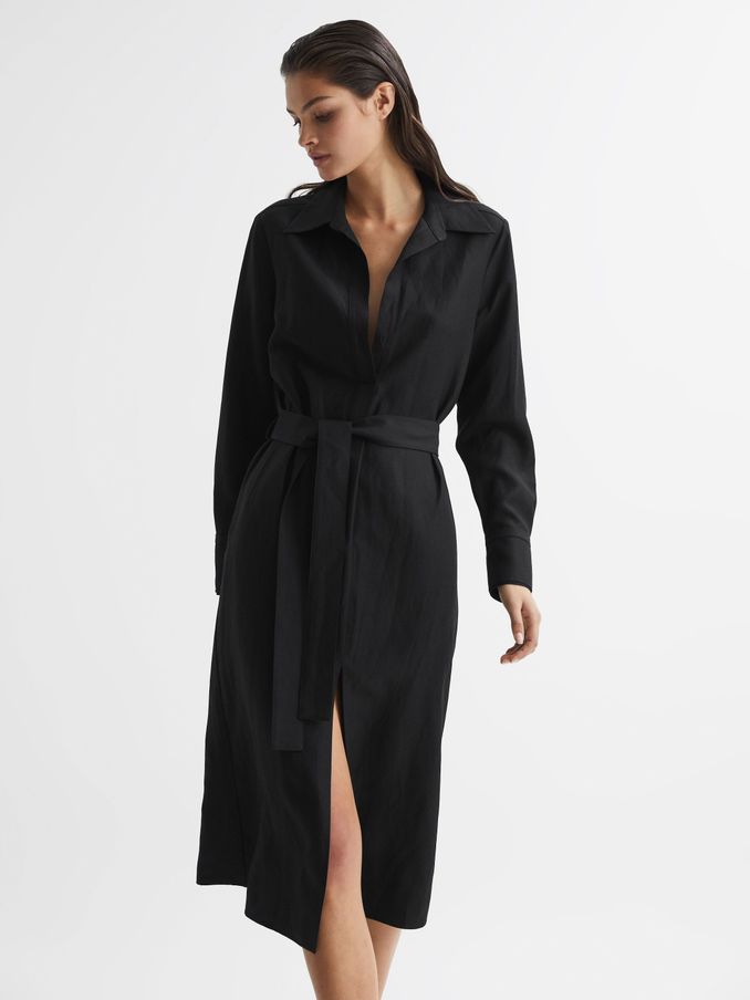Premium Linen Blend Midi Dress in Black (510977) | US$162