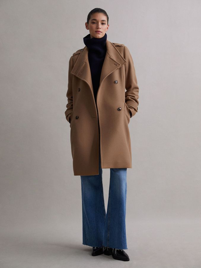 Wool Blend Double Breasted Coat in Camel (511140) | US$411