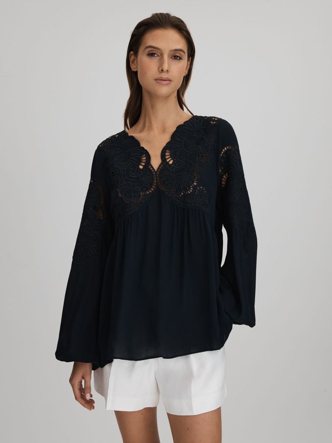 Lace Cut-Out Blouse in Navy (515592) | US$94