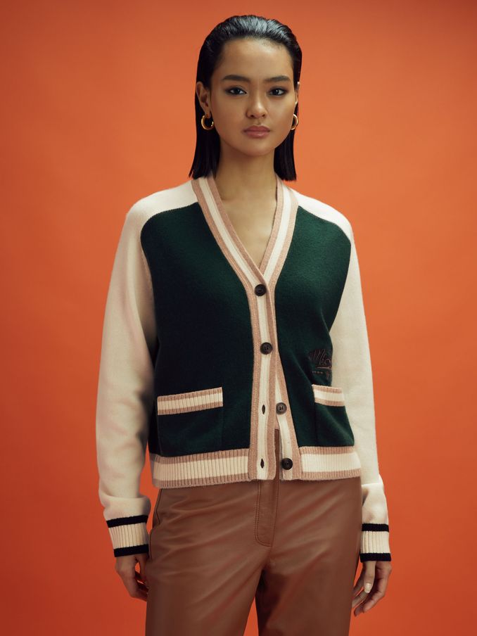 McLaren F1 Wool Cashmere Cardigan in Bottle Green/Ecru (515635) | US$127