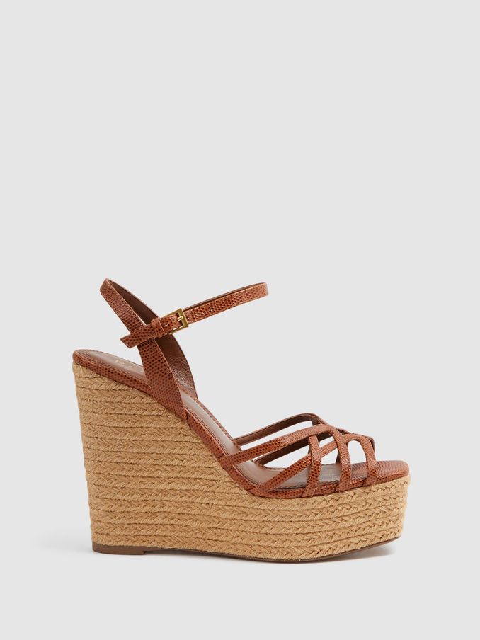 Leather Raffia Platform Wedge Heels in Tan (522531) | $113