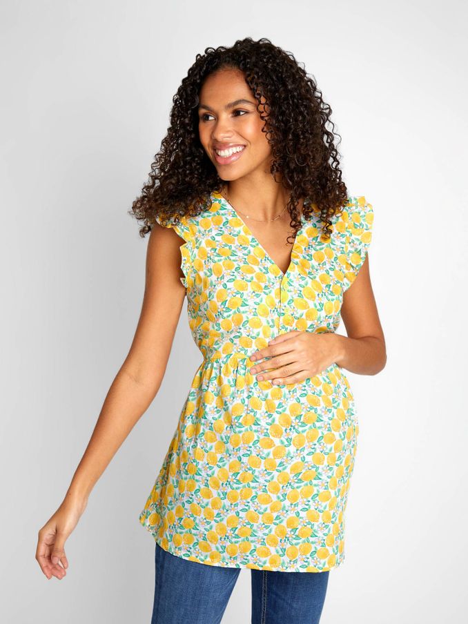 Yellow Lemon Floral Print 100% Cotton Blouse (525541) | $18