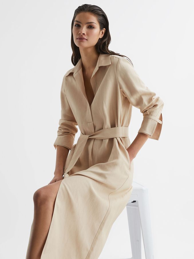 Premium Linen Blend Midi Dress in Neutral (528480) | US$162