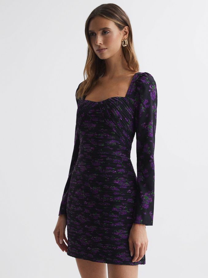 Amur Pleated Floral Bodycon Mini Dress in Hydrangea Berry (531344) | US$376
