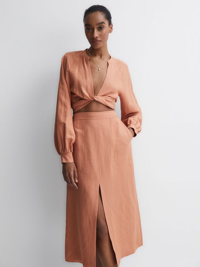 Linen High Rise Skirt in Rust (536591) | US$78