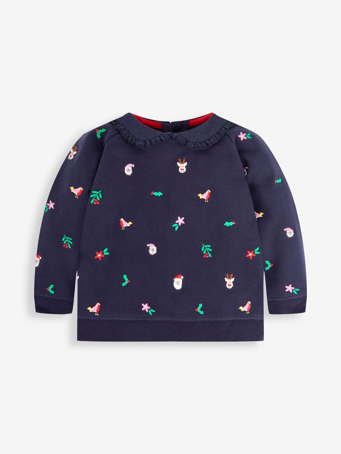 Navy Girls' Christmas Embroidered Sweatshirt With Collar (542695) | $18