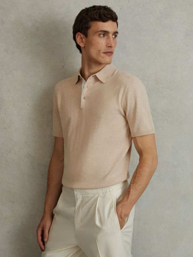 Cotton Blend Contrast Polo Shirt in Camel (547570) | $125
