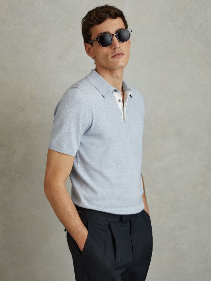 Cotton Blend Contrast Polo Shirt in Soft Blue Melange (547814) | €95