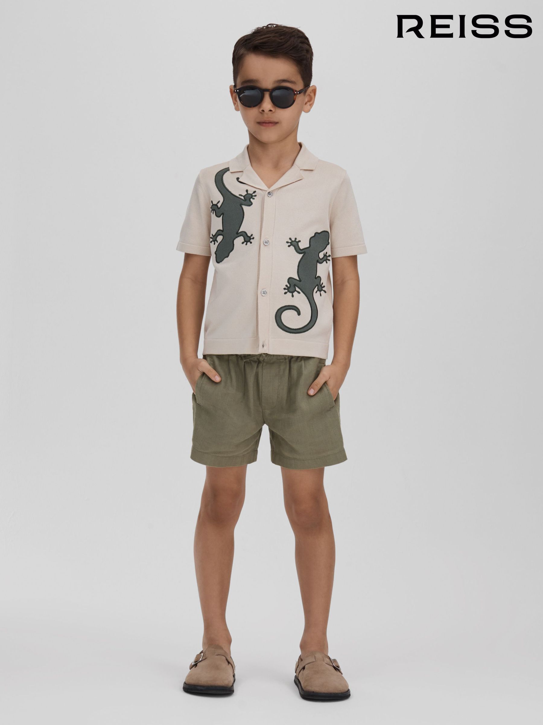 3-9 yrs Knitted Reptile Cuban Collar Shirt in Stone/Green (547847) | €18