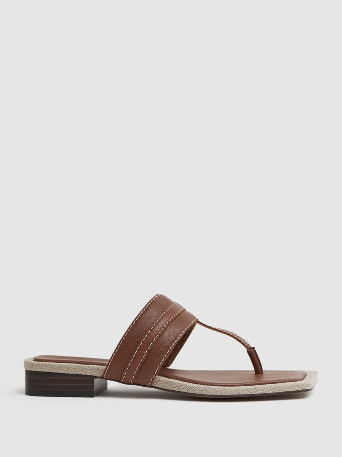 Leather Strap Thong Sandals in Tan (548452) | US$94