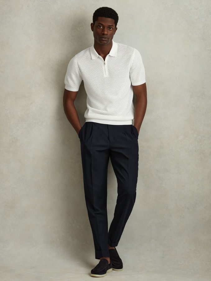 Cotton Blend Textured Half Zip Polo Shirt in Optic White (548464) | CA$131