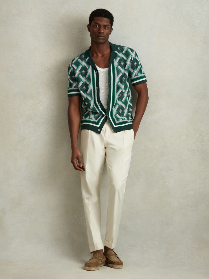 Knitted Cuban Collar Shirt in Green Multi (548638) | $101
