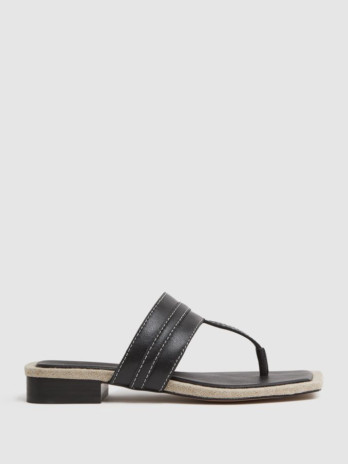 Leather Strap Thong Sandals in Black (548735) | US$94