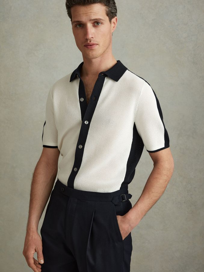 Cotton Blend Open Stitch Shirt in Navy/Optic White (548874) | US$94