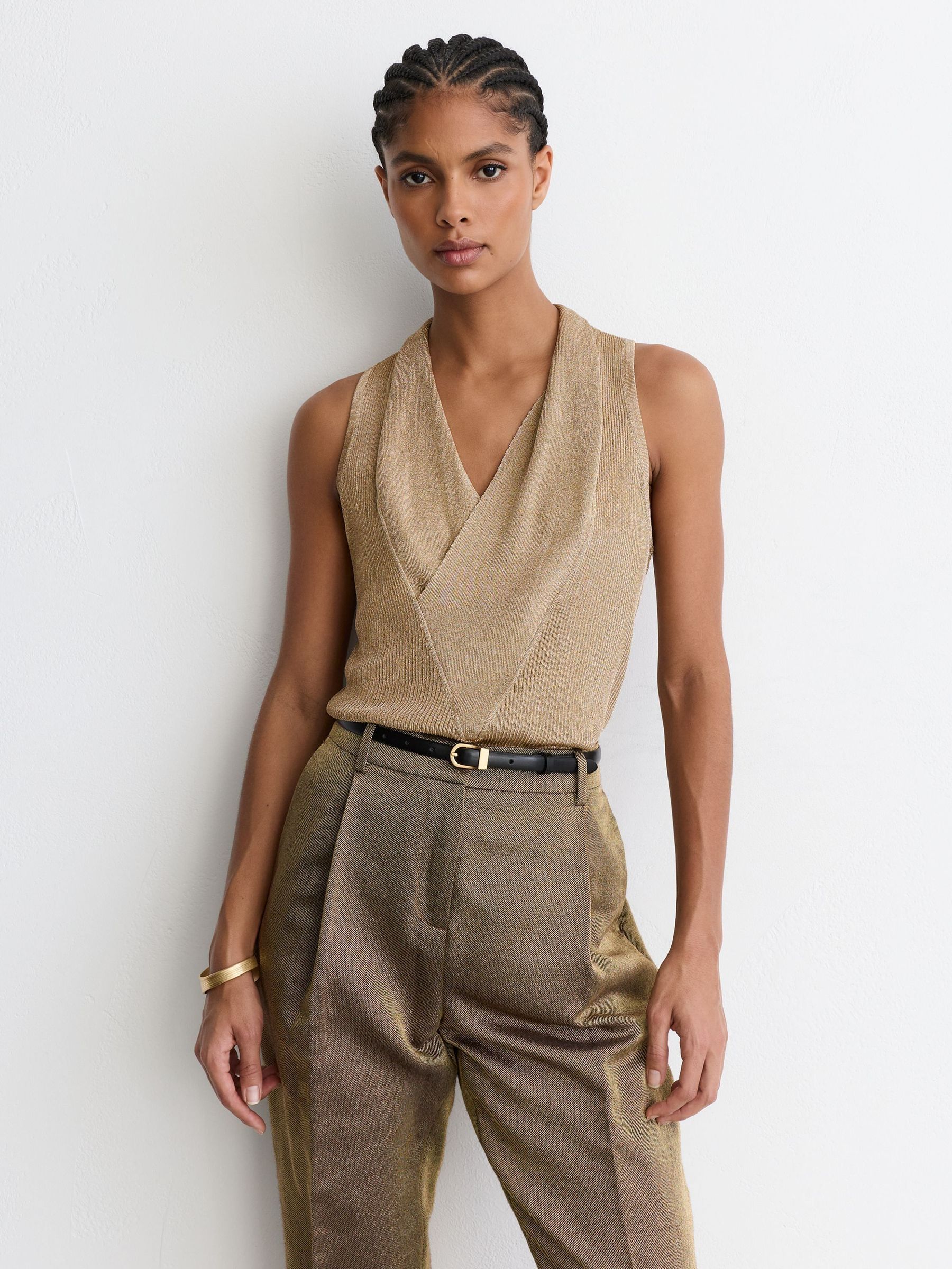 Gold - Metallic-knit Cowl-neck Sleeveless Top