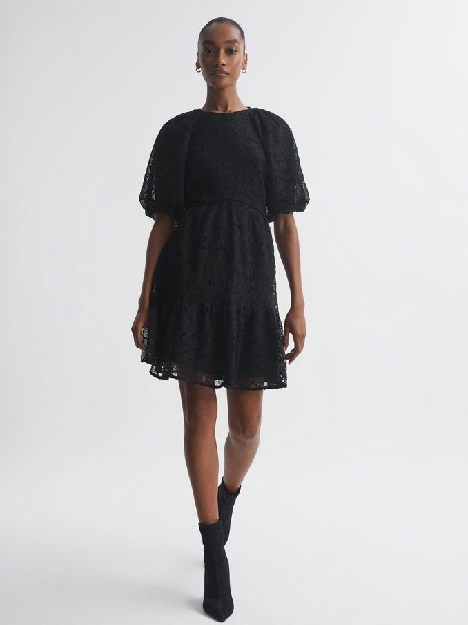 Florere Lace Puff Sleeve Mini Dress in Black (554611) | US$161