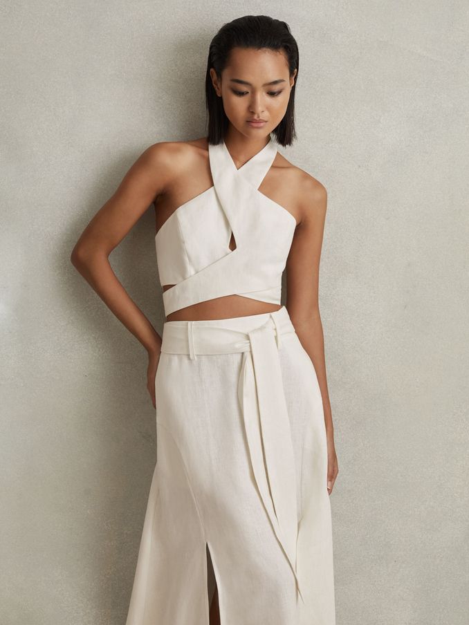Linen Halter Neck Cropped Top in White (559610) | 329 SAR