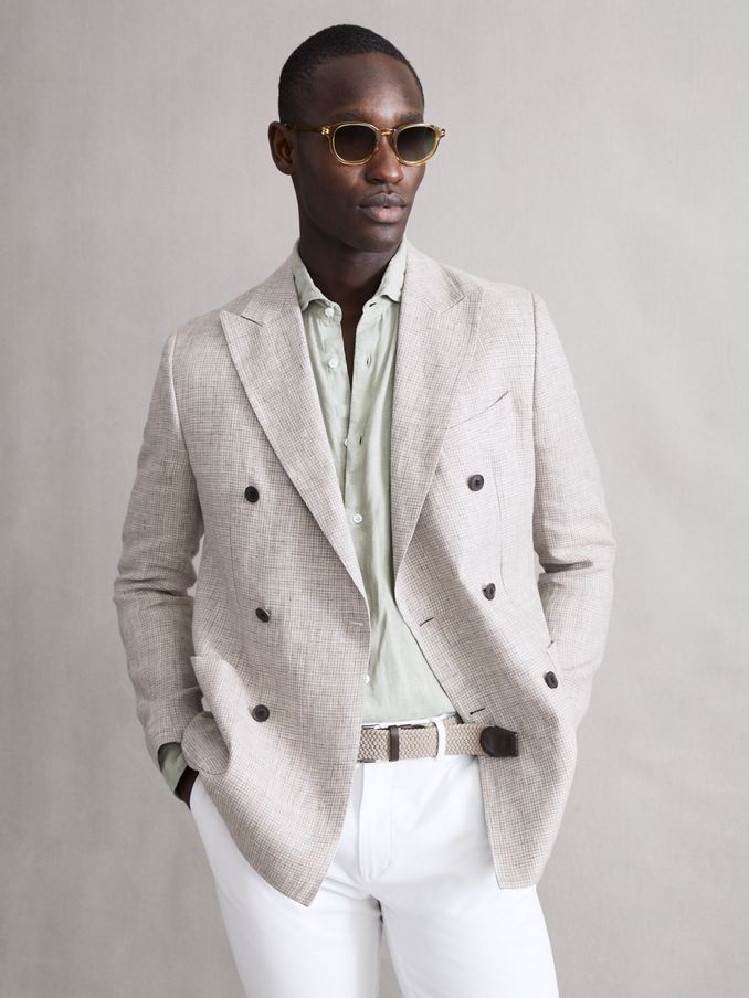 Slim Fit Double Breasted Linen Puppytooth Blazer in Oatmeal Melange (569406) | CA$273