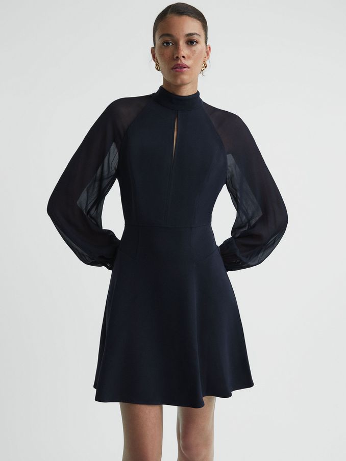 Sheer Blouson Sleeve Mini Dress in Navy (570001) | €96