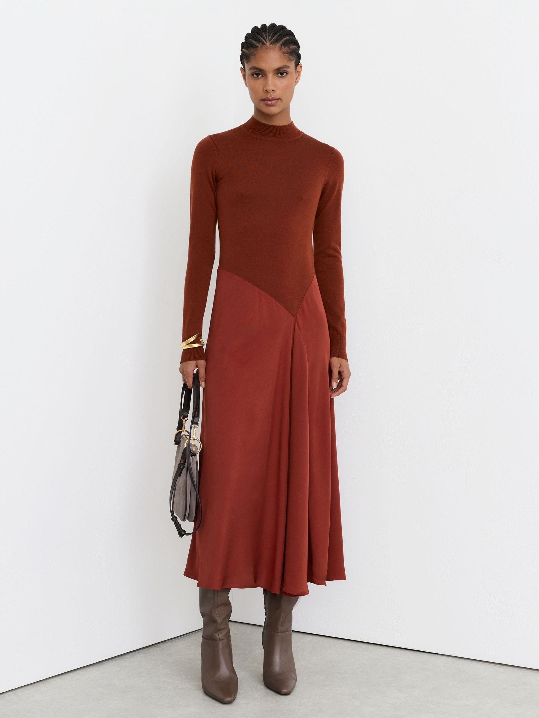 Orange rouillé - Petite Knitted Woven Mix High-neck Midi Dress