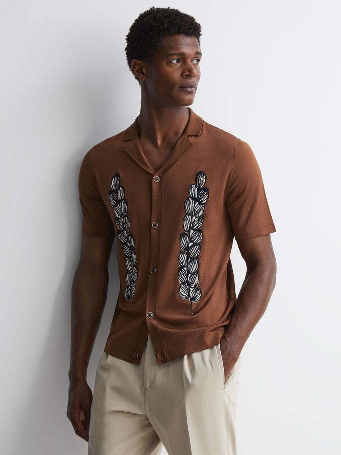 Embroidered Cuban Collar Button Through T-Shirt in Tobacco (581422) | AED213