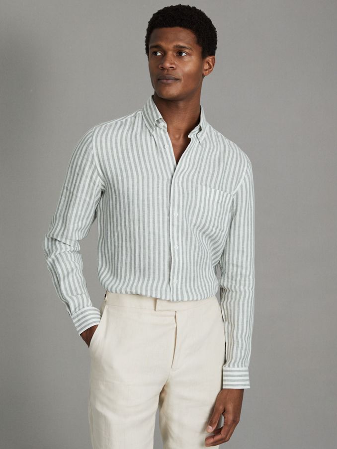 Queens Sage Bengal Stripe 100% Linen Button-Down Collar Shirt (586775) | US$94