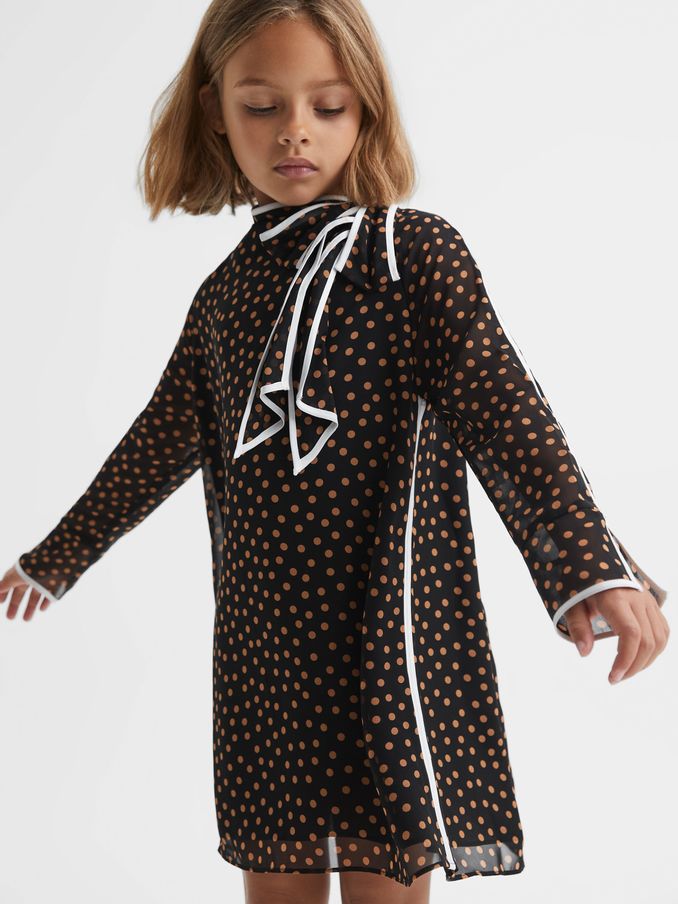 9-13 yrs Polka Dot Tie Neck Mini Dress in Black (587396) | US$43