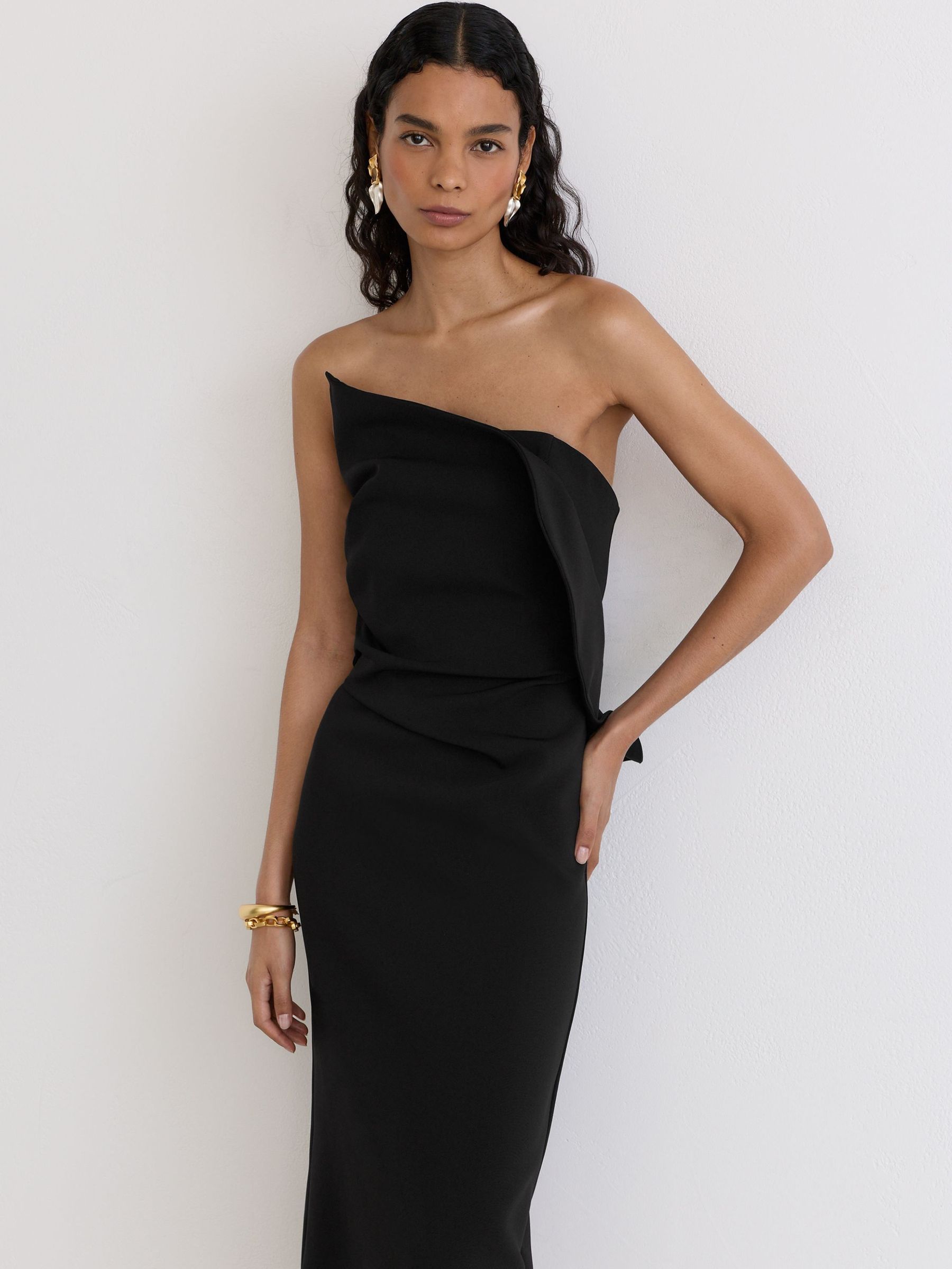 Black - Structured Strapless Midi Dress