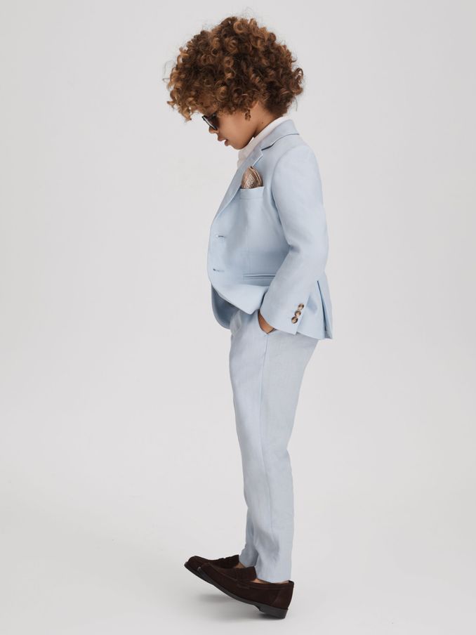 9-13 yrs Slim Fit Linen Adjustable Trousers in Soft Blue (592788) | US$80