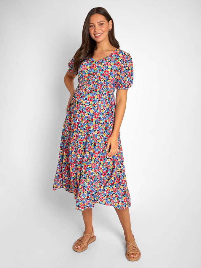 Multi Floral Print Tiered Maternity and Nursing Midi Dress (604298) | $45