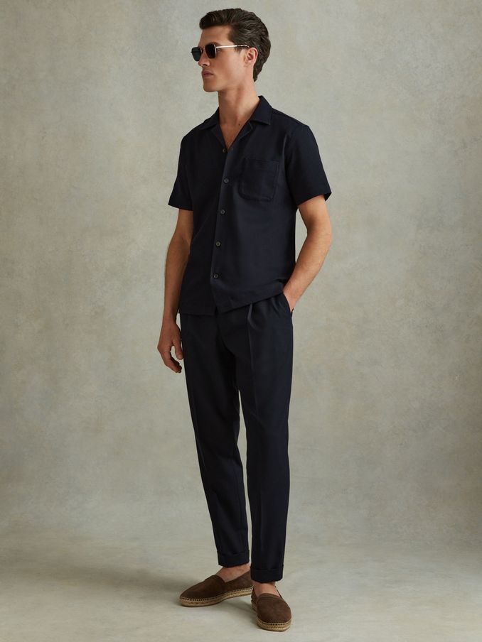Herringbone Cuban Collar Shirt in Navy (615718) | HK$568