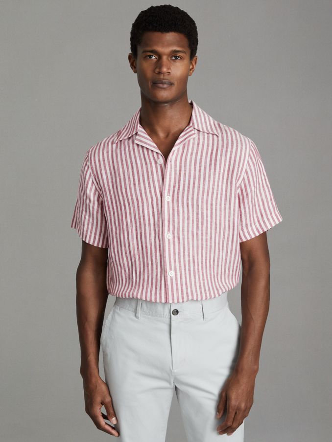 Beldi Pink Stripe Relaxed 100% Linen Cuban Collar Shirt (615959) | €53