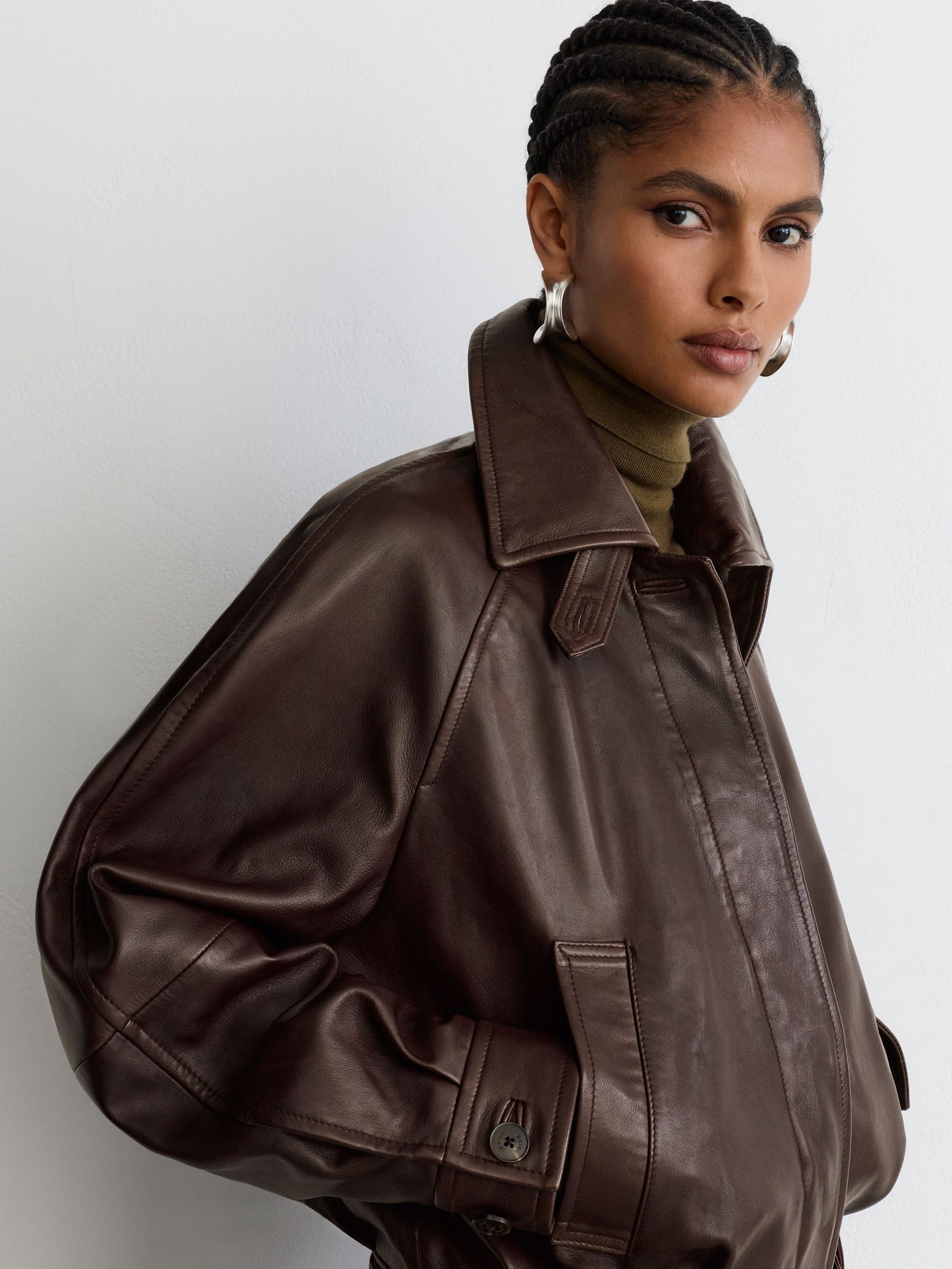 Tmavě vínová - Leather Belted Raglan-sleeve Jacket