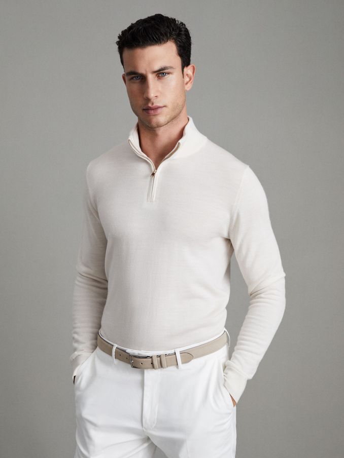 Merino Wool Half-Zip Funnel Neck Jumper in Snow (621195) | SGD 58