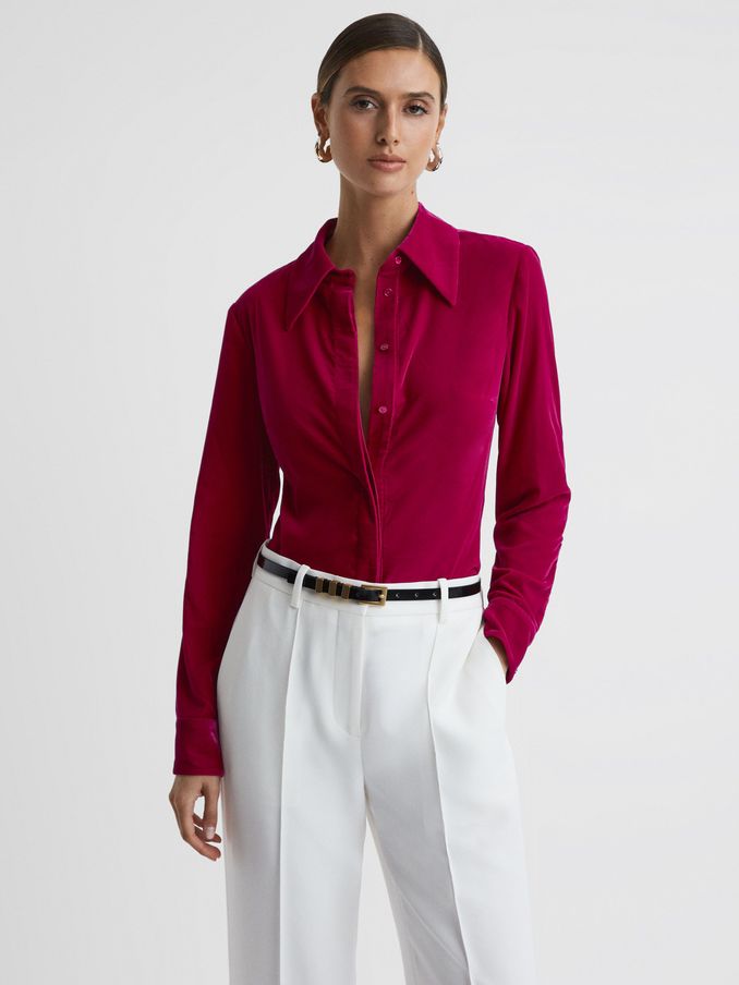 Velvet Button-Through Shirt in Pink (626730) | US$78
