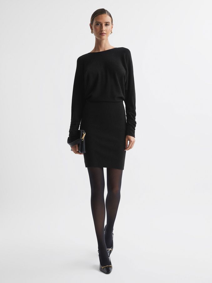 Cashmere-Wool Blend Draped Mini Dress in Black (627553) | 304 QAR