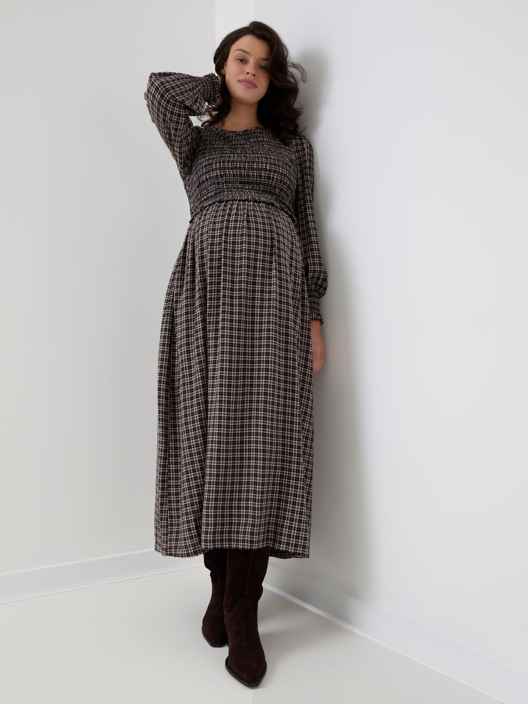 Black Check - Long Sleeve Shirred Maternity Midi Dress