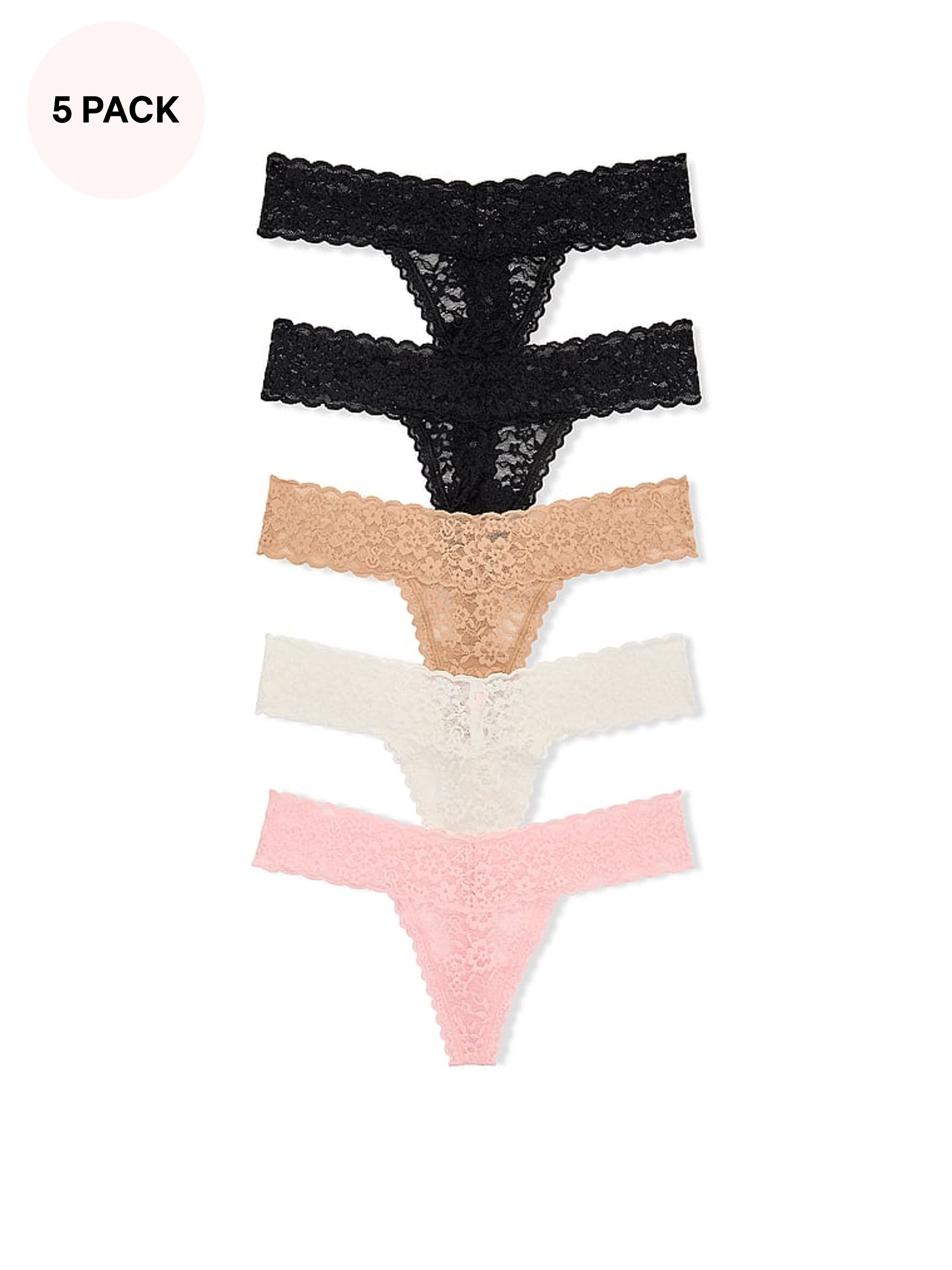 Black/Nude/White/Pink - Thong 5 Pack Lace Knickers