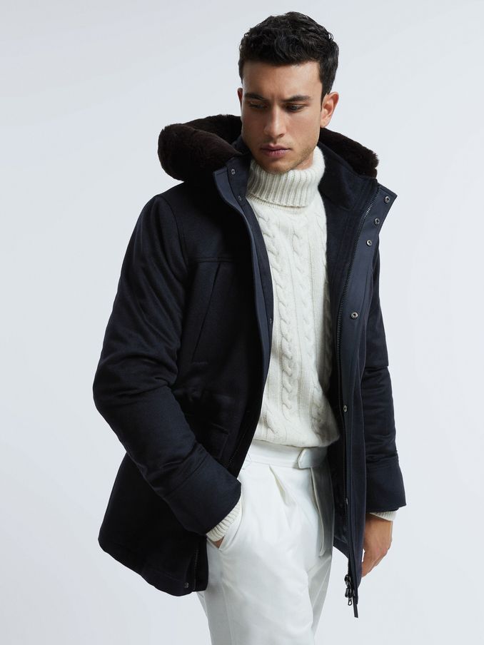 Atelier Cashmere Removable Faux Fur Hooded Coat in Navy (638440) | €426