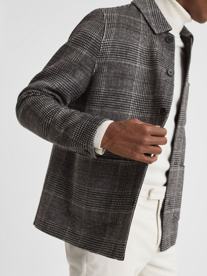 Wool Blend Check Overshirt in Charcoal (646428) | US$172