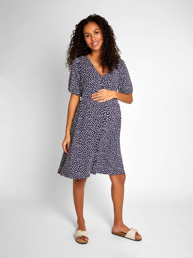 Navy Blue Ditsy Ditsy Print V-Neck Maternity Dress (649221) | $33