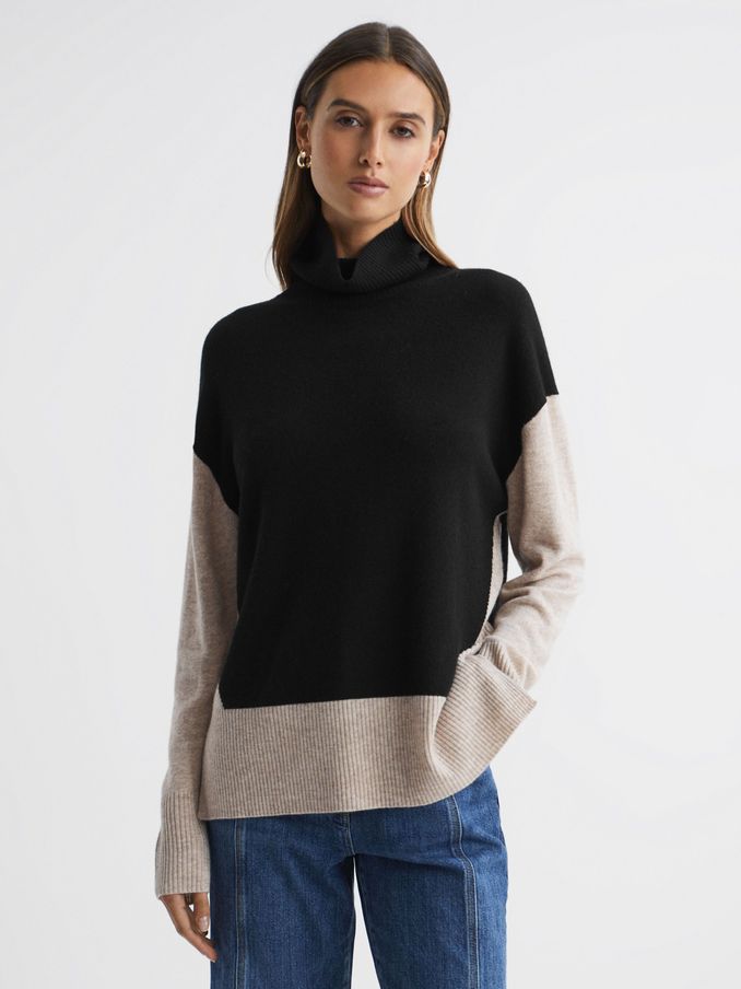 Wool Blend Roll Neck Jumper in Stone/Black (659886) | €69