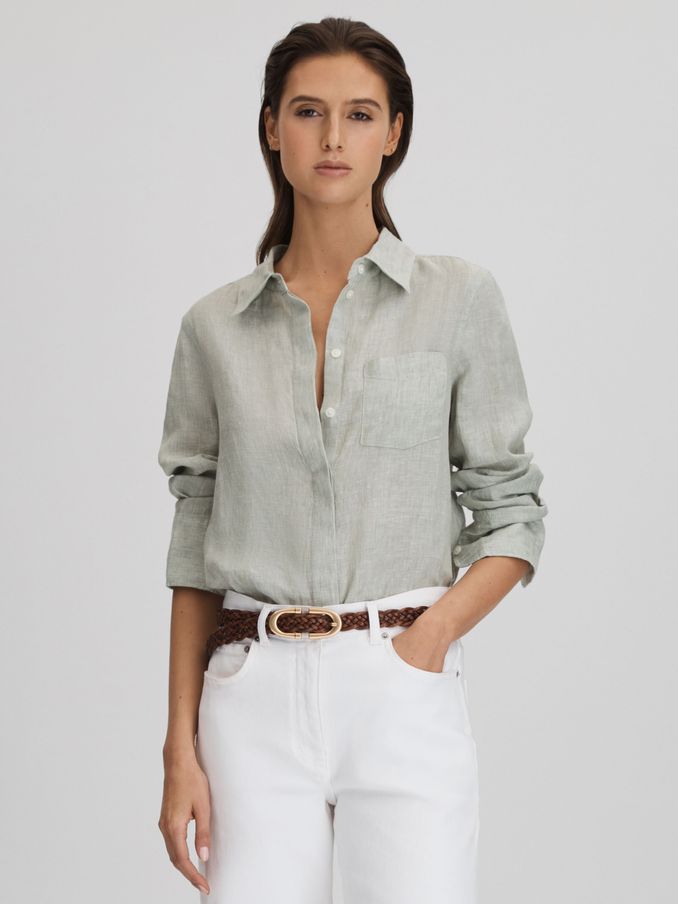 Linen Button-Through Shirt in Sage (662086) | US$111