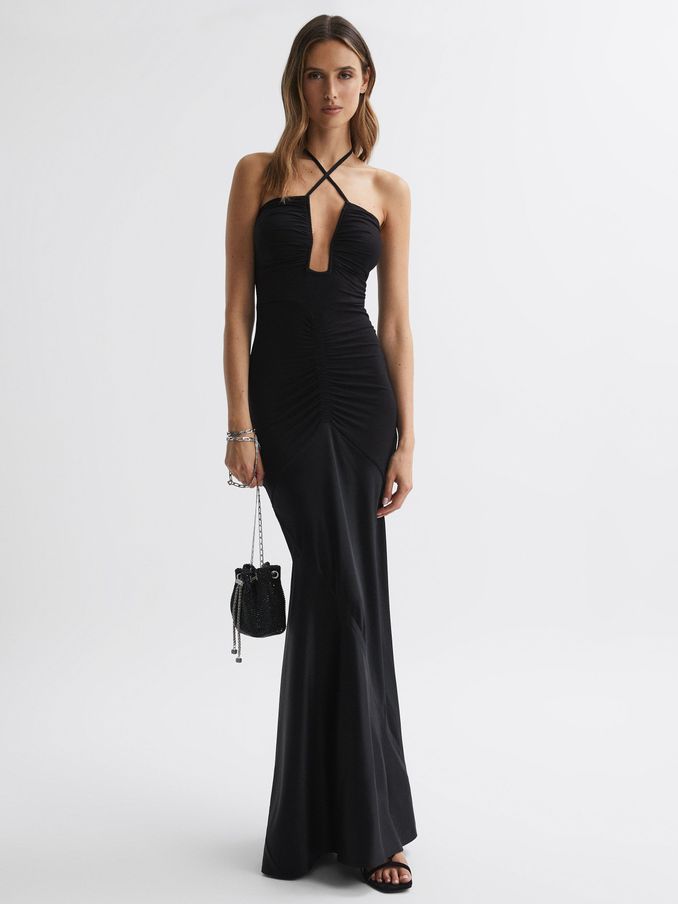 Fitted Plunge Neck Satin Maxi Dress in Black (663538) | US$114