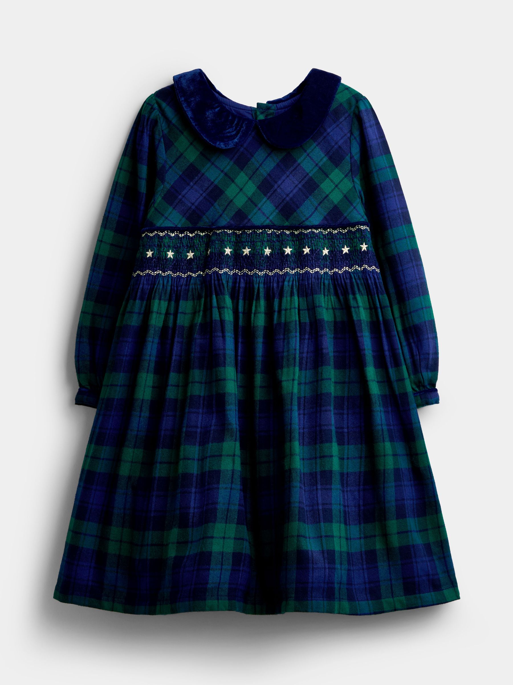 Navy Blue Tartan - Velvet Collar Christmas Smocked Dress
