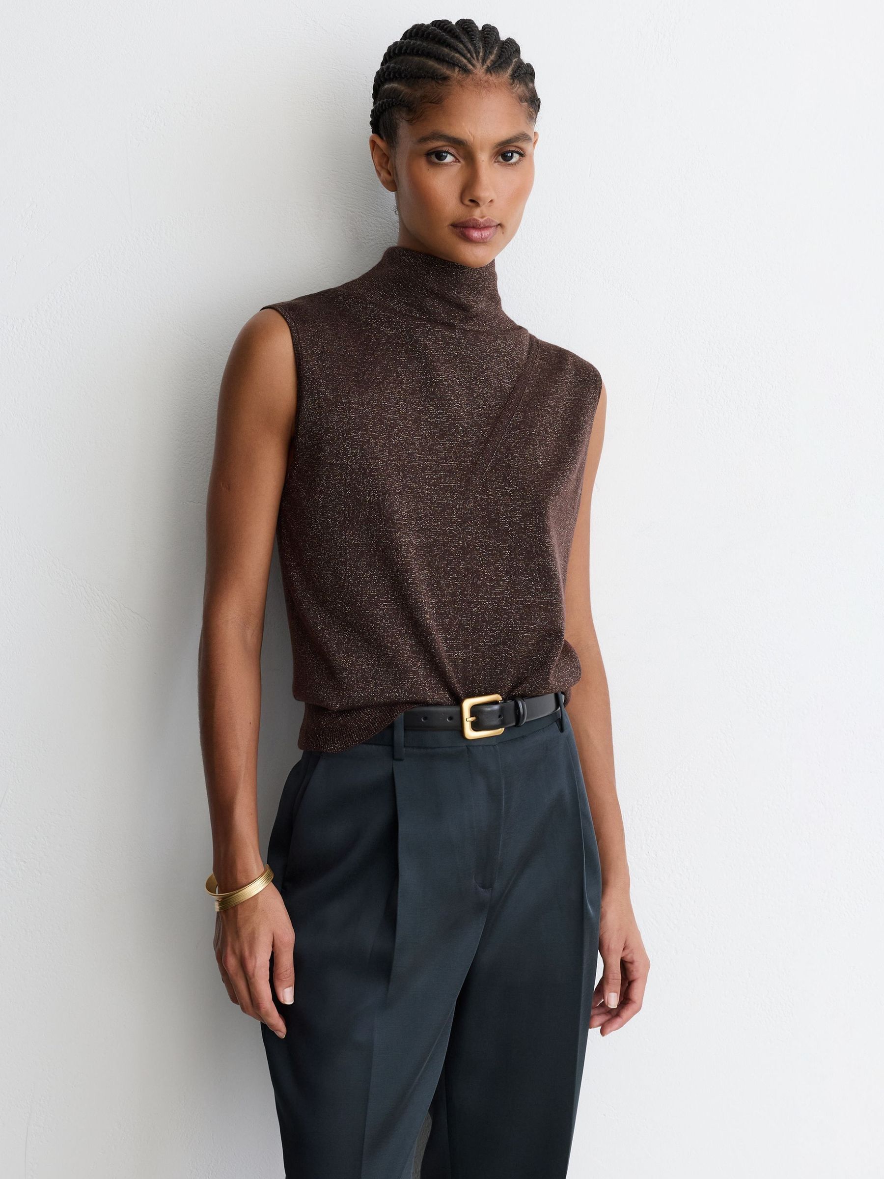 Chocolate Brown - Wool-blend Metallic-knit Funnel-neck Vest