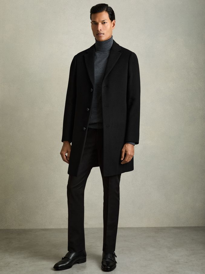 Wool Blend Single Breasted Epsom Overcoat in Black (676535) | HK$2,559